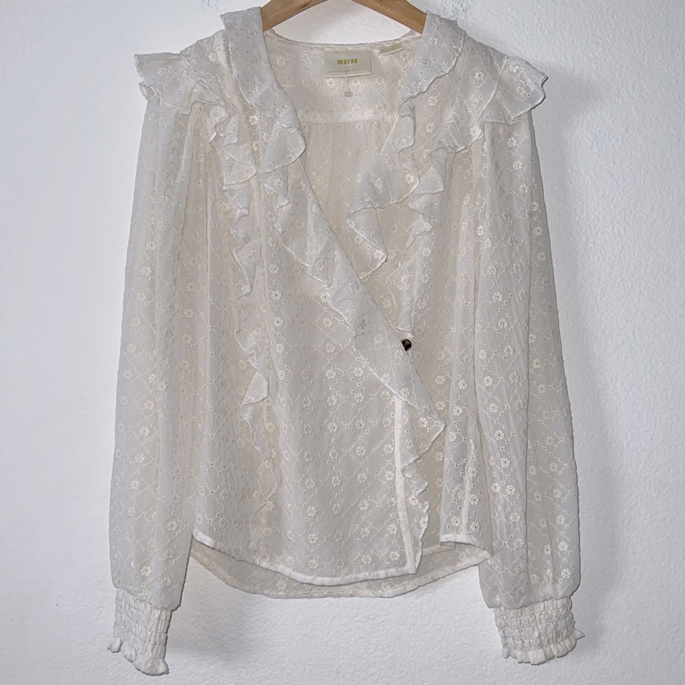 Maeve By Anthropologie White Laila Ruffled Blouse Size US 0 UK 4 EU 32